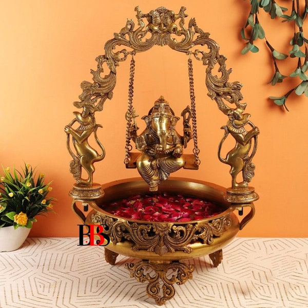 Brass Urli Bowl Ganesha, Urli Ganesha With Swing, Traditional Ganesha Urli Brass Idol, Gift Item, Brass Ganesh Ji Urli Bowl, Home Decoration