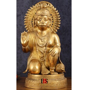 Hanuman Brass Statue With Golden Finish, Large Hanuman Ji Statue, Lord Hanuman Idol in Brass, Brass Hanuman God Idol, Gift, Home Decor