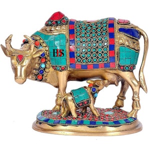 Brass Kamdhenu Cow Calf Brass Statue with Stonework, Brass Cow and Calf Idol Lucky Nandi Kamdhenu Cow & Calf Brass Sculpture Religious Decor