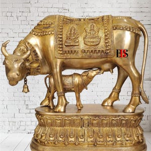 Kamdhenu Cow with Calf Brass Statue: Home Decor Gift