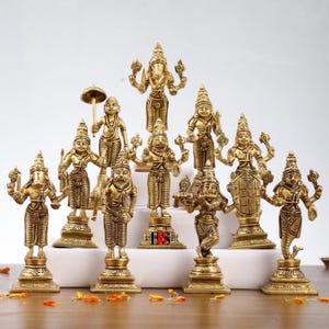 Brass Dashavatar Statue Set: 6 Inch Lord Vishnu Murti, Hindu Home Decor