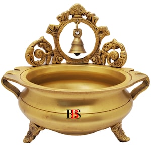 Urli Bowl Brass With Hanging Bell, Brass Urli Bowl Decor, Traditional Urli Bowl Brass, Urli Bowl Stand, Urli Brass, Gift Item, Home Decor