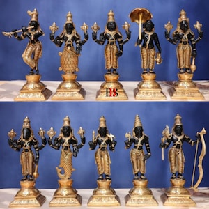 Brass Dashavatar Statue Set: Lord Vishnu Murti, Hindu Home Decor, 6 Inch