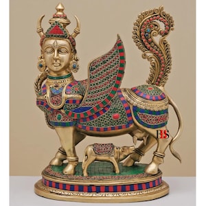 Kamdhenu Cow With Calf, Brass Statue, Home Decor Gift, Lucky Nandi Kamdhenu Cow & Calf Brass Sculpture Religious Kamdhenu Cow Statue