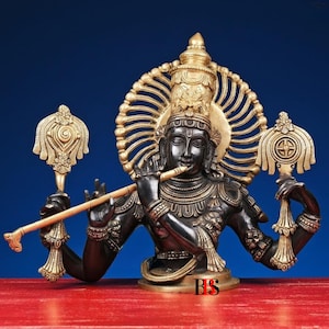 Krishna Brass Statue With Multicolor, Brass Krishna Idol, Chaturbhuj Venugopal Statue, Krishna Face Bust with 4 arms, Gift Item, Home Decor