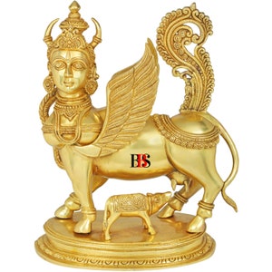 Kamdhenu Cow With Calf, Brass Statue, Home Decor Gift, Lucky Nandi Kamdhenu Cow & Calf Brass Sculpture Religious Kamdhenu Cow Statue