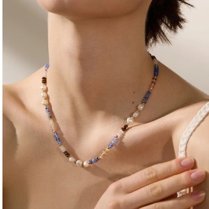 Bohemian Gemstone & Pearl Necklace - Freshwater Pearls, Lapis Lazuli, Tiger's Eye, Citrine, Gold Spacers - Adjustable, Elegant Jewelry