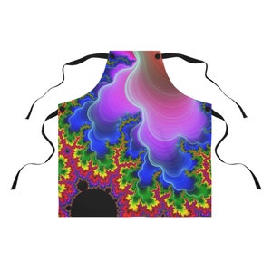 Puede incluir: Un delantal de cocina colorido con un patrón fractal psicodélico en tonos de azul, verde, amarillo, rojo y rosa. El delantal tiene correas negras ajustables.