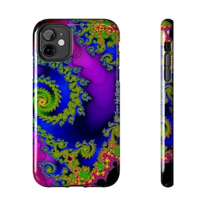 May include: A phone case featuring a vibrant fractal design in shades of blue, green, purple, and red. The case has a glossy finish and wraps around the phone, with cutouts for the camera and buttons. The artist's name, "Jim McBride", is printed on the side.