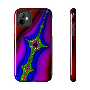 May include: A smartphone case with a vibrant, abstract fractal design. The case features a color palette of red, purple, blue, green, and yellow. The design is a complex, swirling pattern, creating a visually striking aesthetic. The case is designed to fit a smartphone.