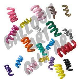 Puede incluir: Una colección de globos en espiral coloridos, en varios tonos, incluyendo rosa, amarillo, verde y azul, sobre un fondo blanco. Los globos están dispuestos en un patrón disperso, con el texto "BALLOON ART" en el fondo.