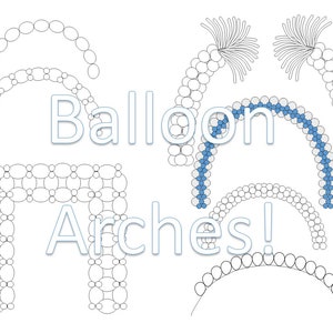 Może przedstawiać: Rysunki liniowe różnych wzorów łuków balonowych, w tym kształty półkoliste i prostokątne. Tekst "Balloon Arches!" jest wyświetlany jasnoniebieską czcionką z efektem cienia. Projekty przedstawiają różne układy balonów.