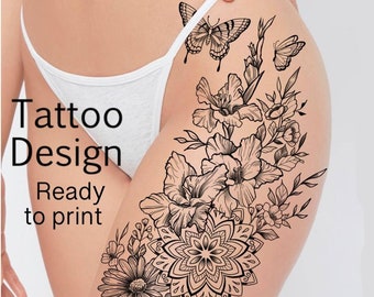 Floral tattoo design | Butterfly tattoo design | Instant download PNG
