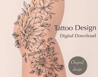 Beautiful floral tattoo, flowers tattoo design for girl | Instant download