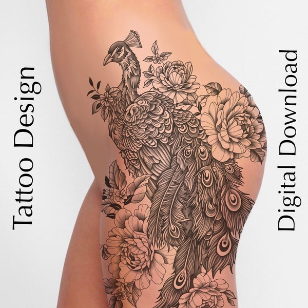 Peacock Tattoo Design for Woman on hip back shoulder | Tattoo Flash | Custom Tattoo Design | Instant Digital Download PNG