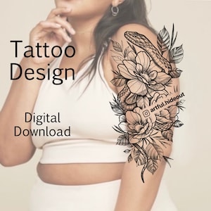 Snake Flowers Tattoo Design | Tattoo Flash | Custom Tattoo Design | Digital Download | Art Prints | PNG
