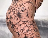 Moon Woman Tattoo Design | Floral Thigh Tattoo Stencil (Digital Download)