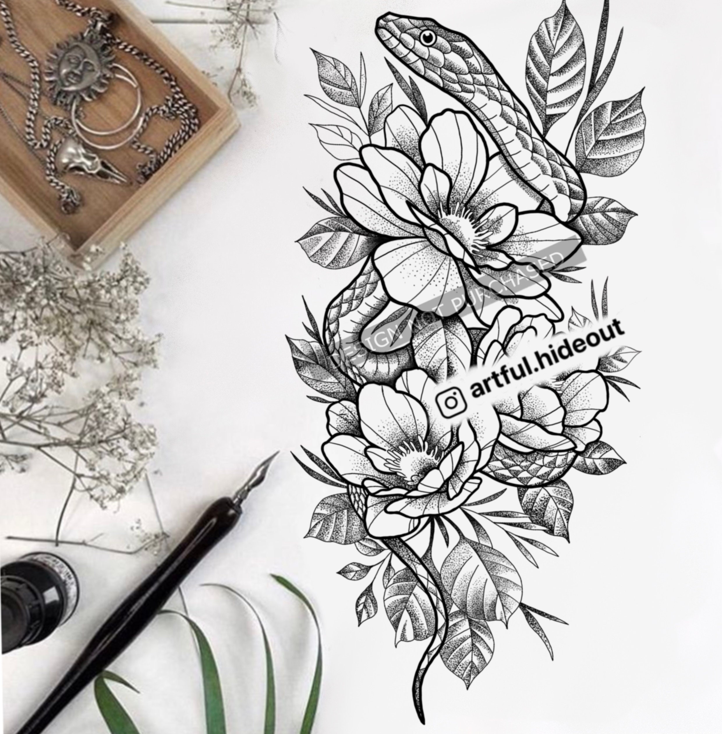 Snake Flowers Tattoo Design Tattoo Flash Custom Tattoo Design Digital ...