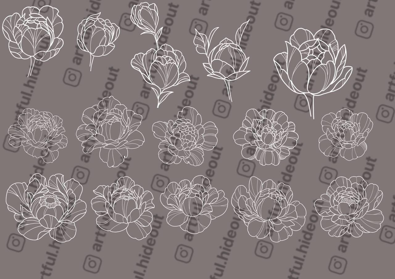 Procreate Peonies Flowers Stamp Brush Set | Tattoo Stencils (digital ...