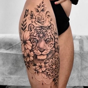 Tigerin Tattoo Design für Frauen | Stencil Vorlage | Tattoo Blitz | sofort download als PNG