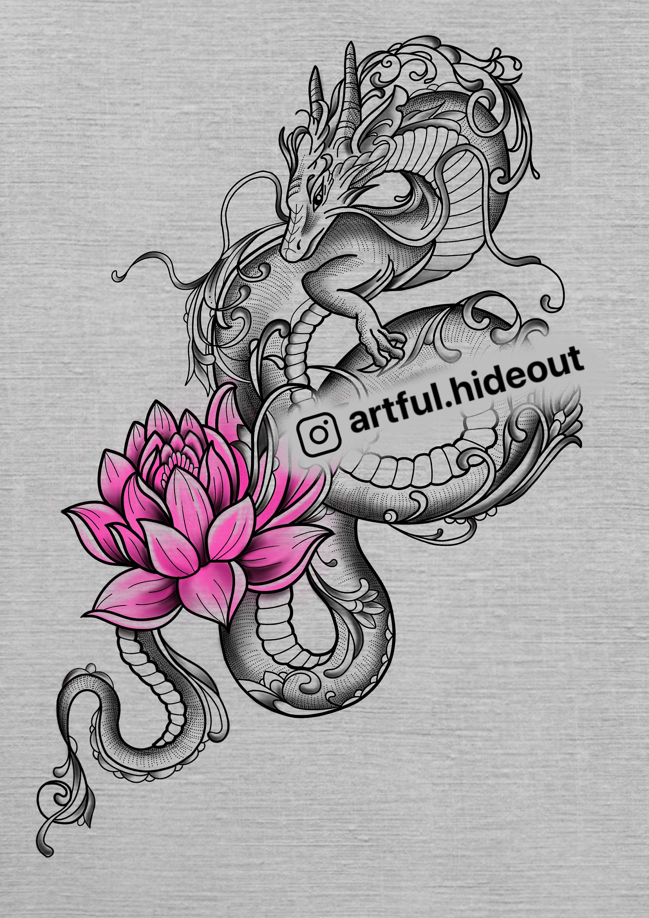 Dragon and Lotus Tattoo Design for Woman on Legback Shoulder Ribs