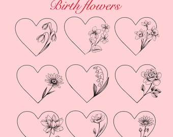 Heart tattoo design customized with birth flowers, instant download PNG JPEG