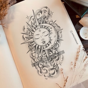 Mond Sonne Tattoo Design | Stern Tattoo | Individuelles Tattoo Design | Digitaler Download | Kunstdrucke | PNG