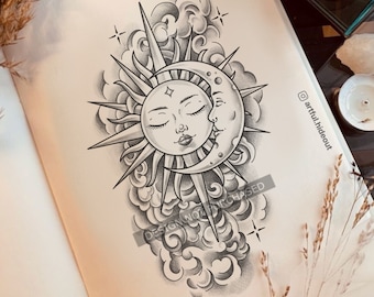 Moon Sun Tattoo Design | Star Tattoo | Custom Tattoo Design | Digital Download | Art Prints | PNG