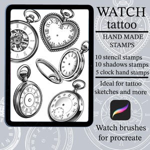 May include: A digital illustration of 10 hand-drawn watch stamps for use in Procreate. The stamps include various styles of pocket watches, including a heart-shaped watch, a round watch with Roman numerals, and a watch with a detailed clock face. The image also includes the text "WATCH tattoo HAND MADE STAMPS" and "Watch brushes for procreate".