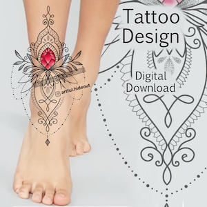 Red crystal and mandala custom tattoo design for woman on back, arm, ankle with stencil template