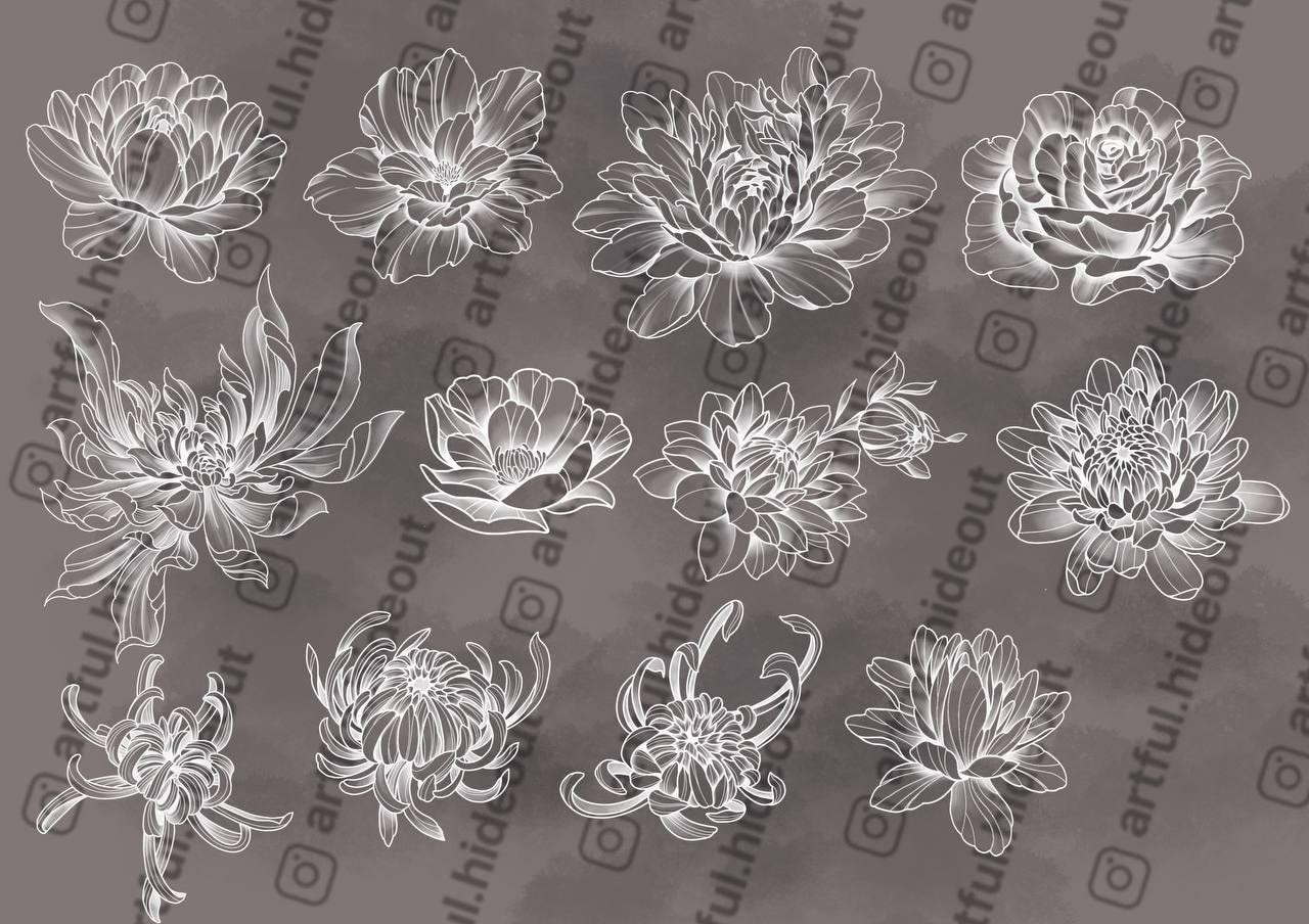 Procreate Peonies Flowers Stamp Brush Set | Tattoo Stencils (digital ...