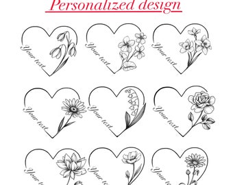 Herztattoo-Design mit Geburtsblumen, sofortiger Download PNG JPEG