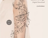 Floral Moon Butterfly Tattoo Design | Elegant Woman's Tattoo (PNG Digital Download)