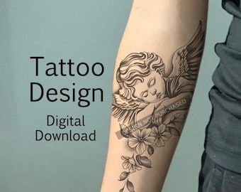 Guardian angel tattoo design | Stencil template | Tattoo flash | instant download PNG