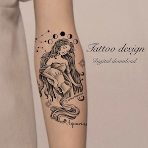 Aquarius Tattoo Design on Arm Leg Back | Zodiac Tattoo Flash | Custom Tattoo Design | Digital Download | Art Prints | PNG