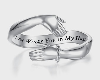 Knuffelring 925 sterlingzilver, gegraveerde beloftering, Love Wraps You In My Hugs