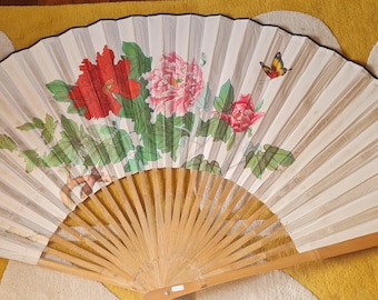 Vintage Hand-Painted Bamboo Oriental Fan, 90" Wide Wall Decor