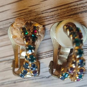 Vintage gold tone multicolour stone cross hoop style clip on  earrings