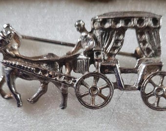 ヴィンテージ マーカサイト 馬と馬車ブローチ：スターリングシルバー
