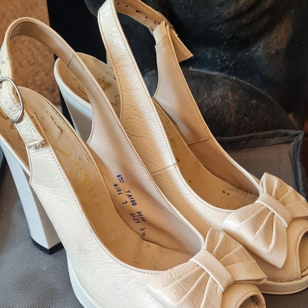 Vintage 1960s Platform Heels: White Bow Front Disco Shoes