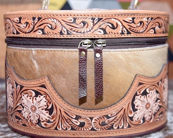 Hair-On Cowhide Leather Makeup Bag: Hand-Tooled Velvet Lined Cosmetic Bag