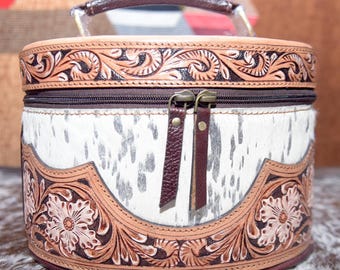 Hair-On Cowhide Leather Makeup Bag: Hand-Tooled Velvet Lined Cosmetic Pouch