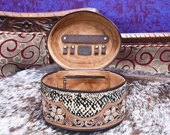 Hair-On Cowhide Leather Makeup Train Case - Hand Tooled & Velvet Lined