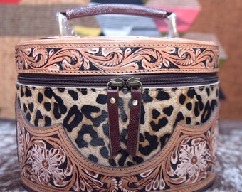 Hair-On Cowhide Leather Makeup Bag: Hand-Tooled Velvet Lined Cosmetic Bag