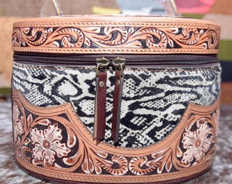 Hair-On Cowhide Leather Makeup Bag: Hand-Tooled Velvet Lined Cosmetic Pouch