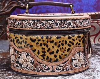 Hand Tooled Leather Makeup Train Case: Hair-On Cowhide Cosmetic Bag