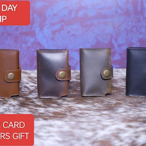 Estuche para tarjetas de crédito emergente, billetera RFID de cuero genuino y tarjetero, billetera de cuero minimalista, regalo para el día del padre, lote de 4 piezas