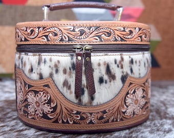 Hair-On Cowhide Leather Makeup Bag: Hand-Tooled Velvet Lined Cosmetic Pouch