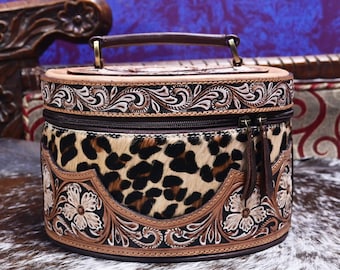 Hand Tooled Leather Makeup Bag: Hair-On Cowhide Cosmetic Travel Case