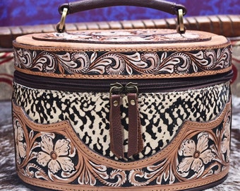 Hand Tooled Leather Makeup Train Case: Hair-On Cowhide, Velvet Lined
